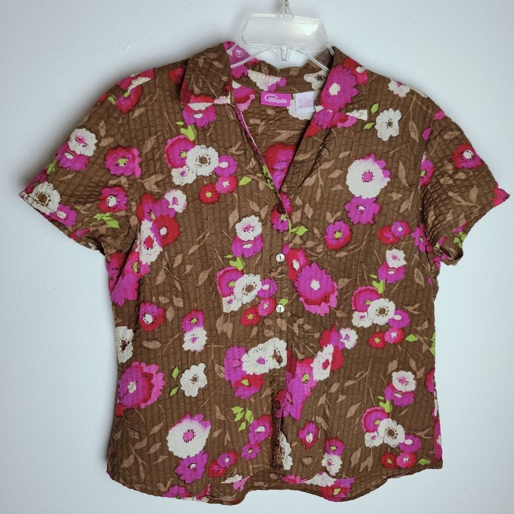 VTG Y2K Pappagallo Women's Cotton Tropical Floral Button Down Shirt Blouse, Sz L
